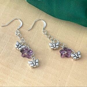 2/$29 Handmade Lilac Pastel Purple Flower & Mini Butterfly Dangle Earrings 1.75”